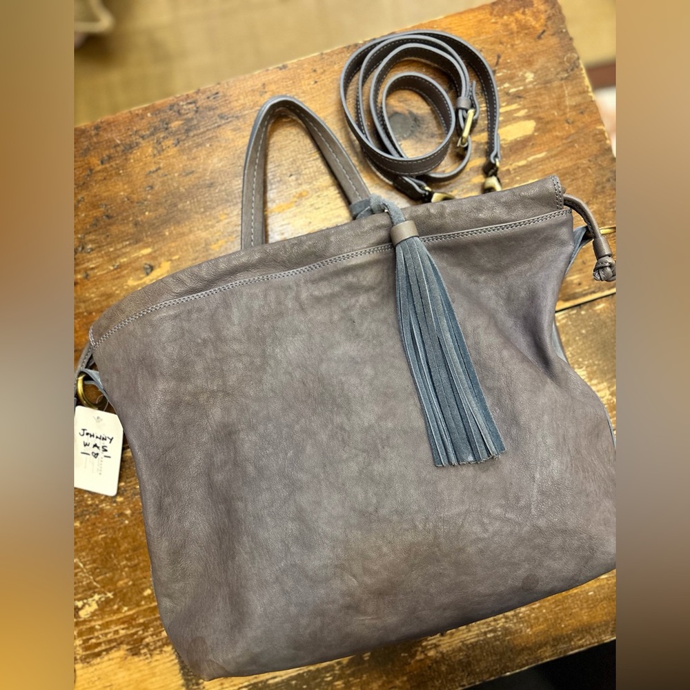 Johnny Was Grey Lamb Leather Tassel Tote Handbag Crossbody Bag Blue Interior